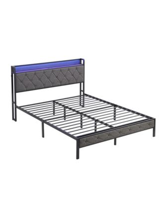 Full Size Upholstered Bed Frame with Storage Headboard, LED Lights and Charging Station, Platform Bed