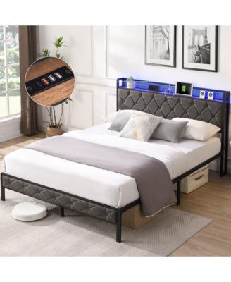 Full Size Upholstered Bed Frame with Storage Headboard, LED Lights and Charging Station, Platform Bed