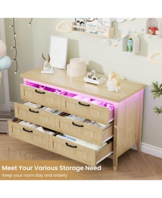 Farmhouse Drawer Dresser with Charging Station and LED Lights, Slim Wooden Bedroom Dresser