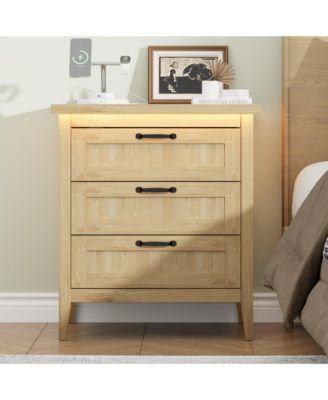 Farmhouse Drawer Dresser with Charging Station and LED Lights, Slim Wooden Bedroom Dresser