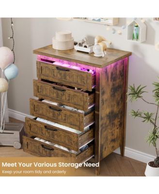 Farmhouse Drawer Dresser with Charging Station and LED Lights, Slim Wooden Bedroom Dresser