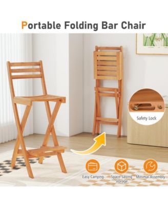 Folding Acacia Wood Bar Height Chair Set of 2 with Backrest and Footrest