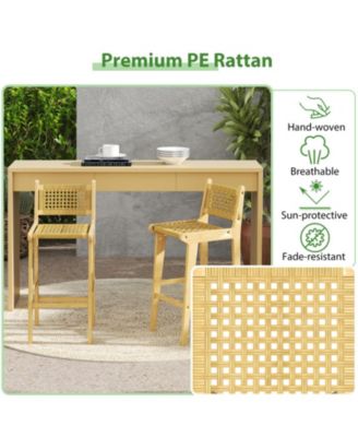 Teak Wood Patio Bar Stool with Woven Rattan Backrest and Seat
