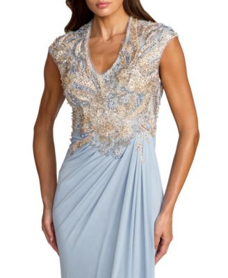 Women's Beaded V-Neck Evening Gown with Embellished Bodice