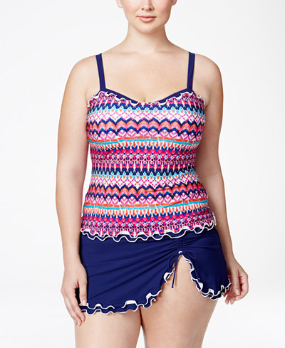 Profile by Gottex Plus Size Printed Ruffled Underwire Tankini Top & Ruffled Swim Skirt