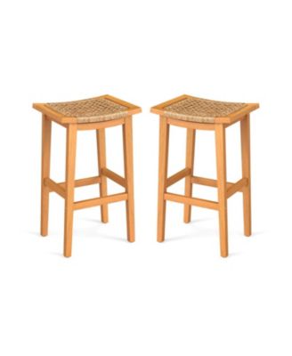 Acacia Wood Outdoor Bar Stools Set of 2 with Woven Rattan Seats