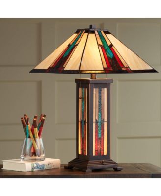 Mission Style Table Lamp with Table Top Dimmer and Night Light 25" High Bronze Stained Glass for Living Room Bedroom