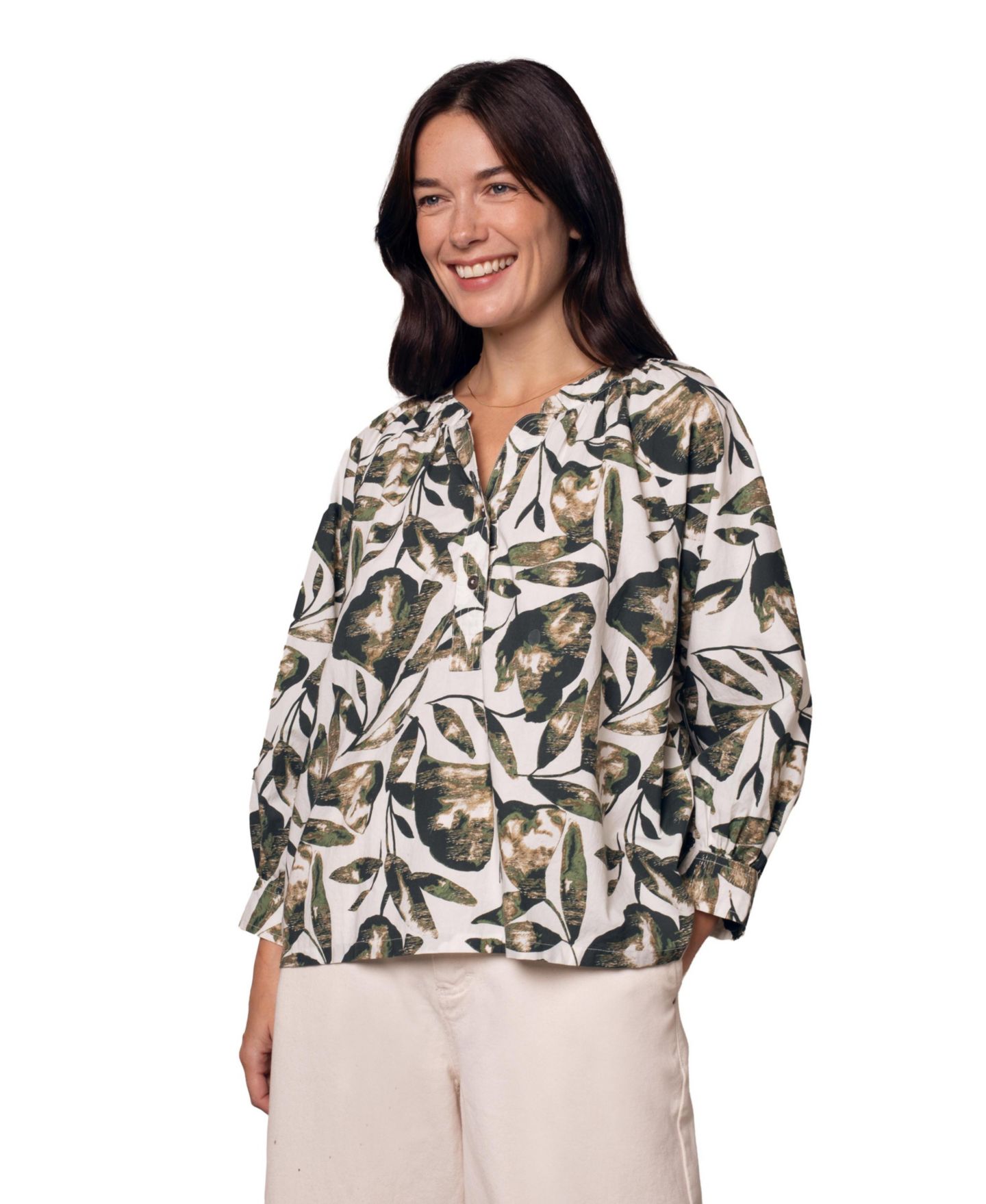 Женская блузка Celtic & Co. Relaxed Cotton Printed V-Neck, цвет: Меловой / Хаки — фото 2