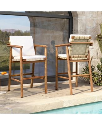 Set of 2 Outdoor Counter Height Bar Stools with Acacia Wood Frame, Backrest and Webbing Seat