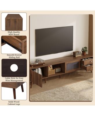  TV Stand , Wood-Grain Entertainment Center with Fluted Cabinet Door, Sliding Glass Doors, and 2 Drawers for Living Room