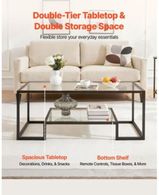 Coffee Table, Tempered Glass Center Table, 2-Tier with Open Storage for Living Room
