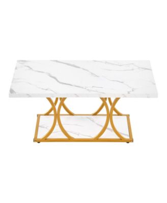 Coffee Table, Modern Faux Marble, Large 2-Tier Rectangle Desk with Metal Frame