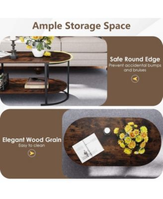 Oval Two Tier Coffee Table with Open Storage Shelf