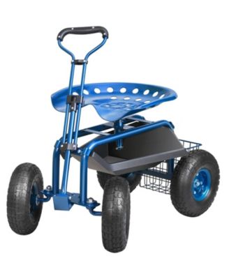 Rolling Garden Workseat with 360-Degree Swivel Seat and Adjustable Handle for Yard Use