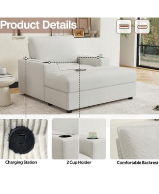 42.8" Oversized Chaise Lounge Chair with Storage Ottoman, Corduroy Sofa Bed with Cup Holders and USB Charging, Sleeper Couch for Living Room