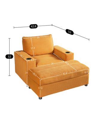 42.8" Corduroy Sleeper Couch with Storage Ottoman, Cup Holders and USB Charging, Oversized Chaise Lounge Sofa Bed for Living Room