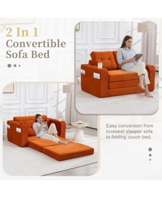 Boneless Convertible Sofa Bed, Soft Corduroy Loveseat with Cup Holders and Pillows, Space Saving Fold Out Floor Couch for Home