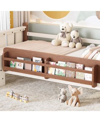 Kids Floor Bed Frame with Storage Bookcases and Stairs, Twin Size Solid Wood Low Profile Bed with Guardrails for Boys Girls