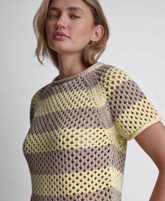 Women's Short-Sleeve Raglan Stripe Pointelle Pull-On Sweater