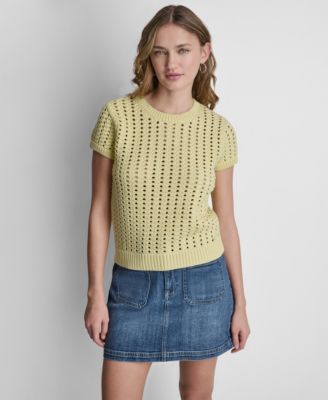 Women's Short-Sleeve Chunky Pointelle Crewneck Sweater 