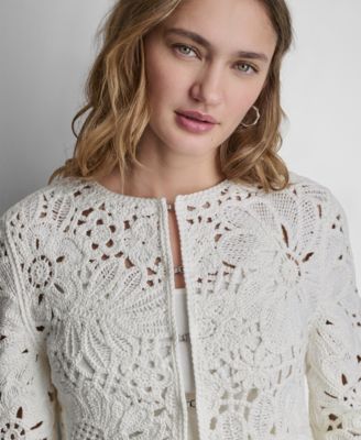 Women's Long-Sleeve Floral Crochet Crewneck Cardigan With Scallop Hem
