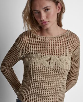 Women's Long-Sleeve Pointelle crochet open-stitch Boat Neck Logo Sweater 