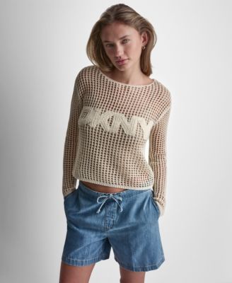 Women's Long-Sleeve Pointelle crochet open-stitch Boat Neck Logo Sweater 