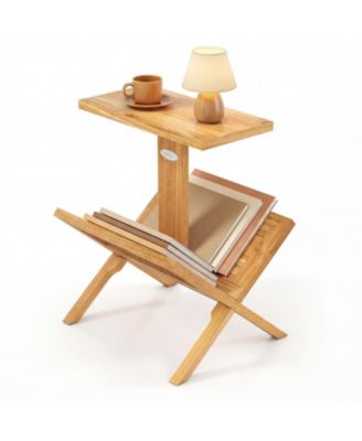 Teak Wood 2-Tier Side Table with Built-In Magazine Rack