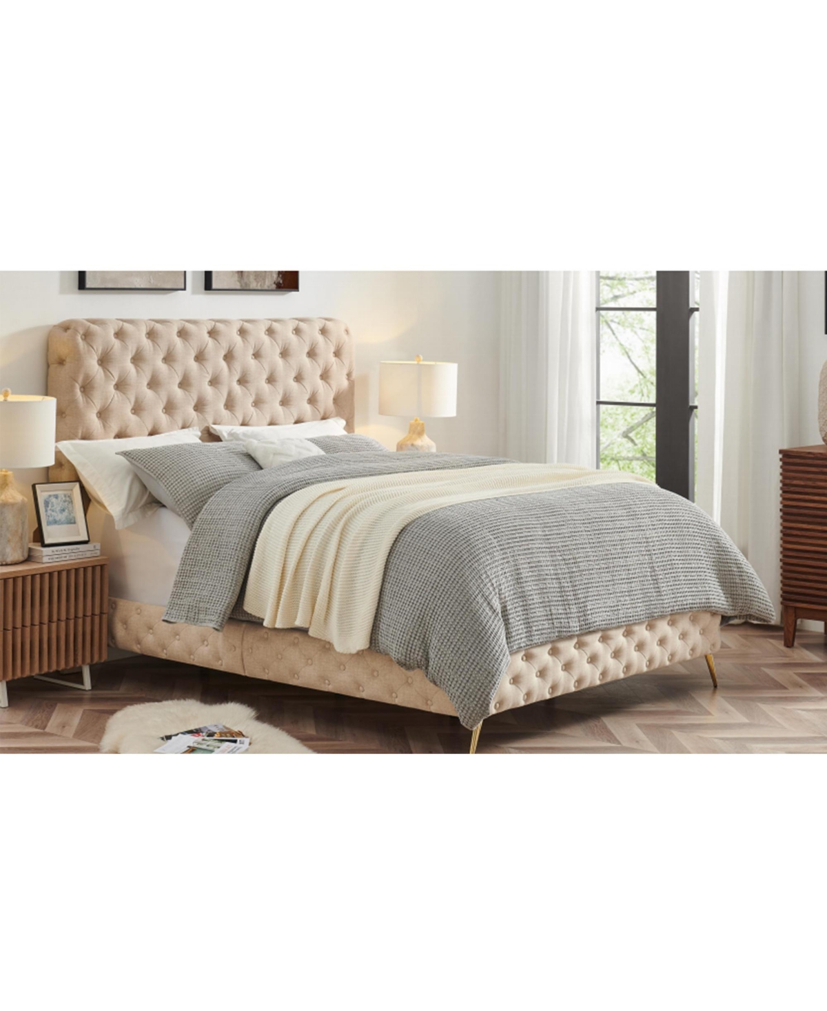 Boyel Living Luxury Upholstered Bed Frame with Tufted Headboard Platform Bed with Solid Wood Frame
