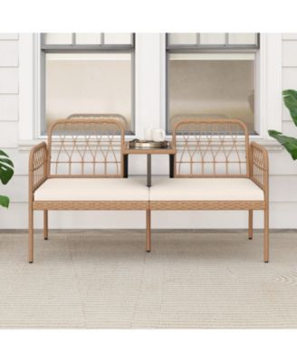 Outdoor PE Rattan Loveseat with Built In Table and Cushions