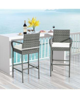 Patio Wicker Bar Stools with Armrests and Cushions Set of Two