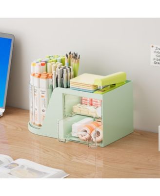 Desk Organizer Rotating Pen Holder 2 Drawer Storage 6 slots