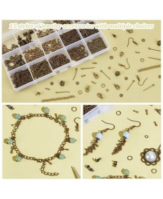 870pcs Jewelry Finding Kit Lobster Clasp Jump Ring Earring Hook Bead Cap Eye Pin Head Pin Chain Extender Cord Tip Ribbon Clamp Knot Drop