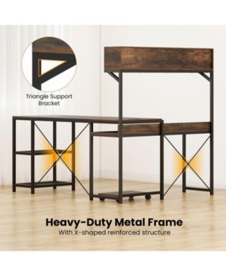 62 Inch Brown L Shaped Desk with Power Outlet and Storage Hutch