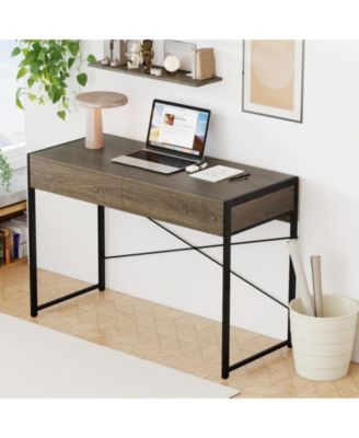 44” Home Oak Office Desk with 2 Storage Drawers and Metal Frame