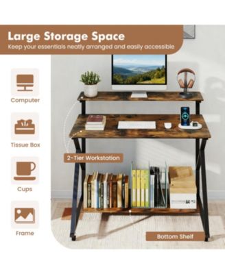 Rolling Workstation Desk with Monitor Shelf and Charging Storage