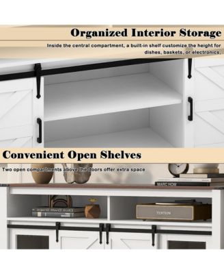  Farmhouse Sideboard, Wood Buffet Cabinet with Open Storage, Sliding Barn Door and Mesh Panels for Living Room, Kitchen