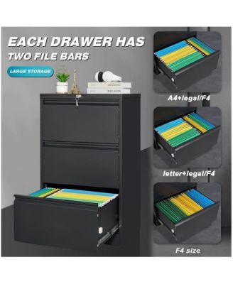 Lateral Steel Filing Cabinet with 3 Locking Drawers and Card Holder
