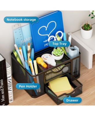 Mesh Desk Organizer Pen Holder 2 Drawer 5 Compartments Office