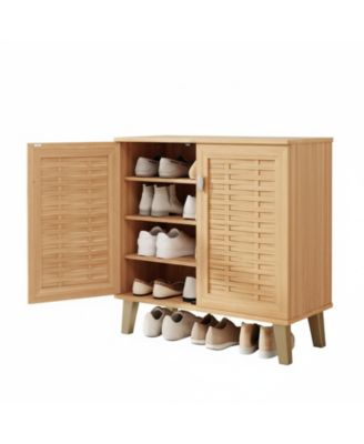 4-Tier Shoe Cabinet with Woven Doors 3 Adjustable Shelves Freestanding Wood Storage for Entryway Hallway Living Room