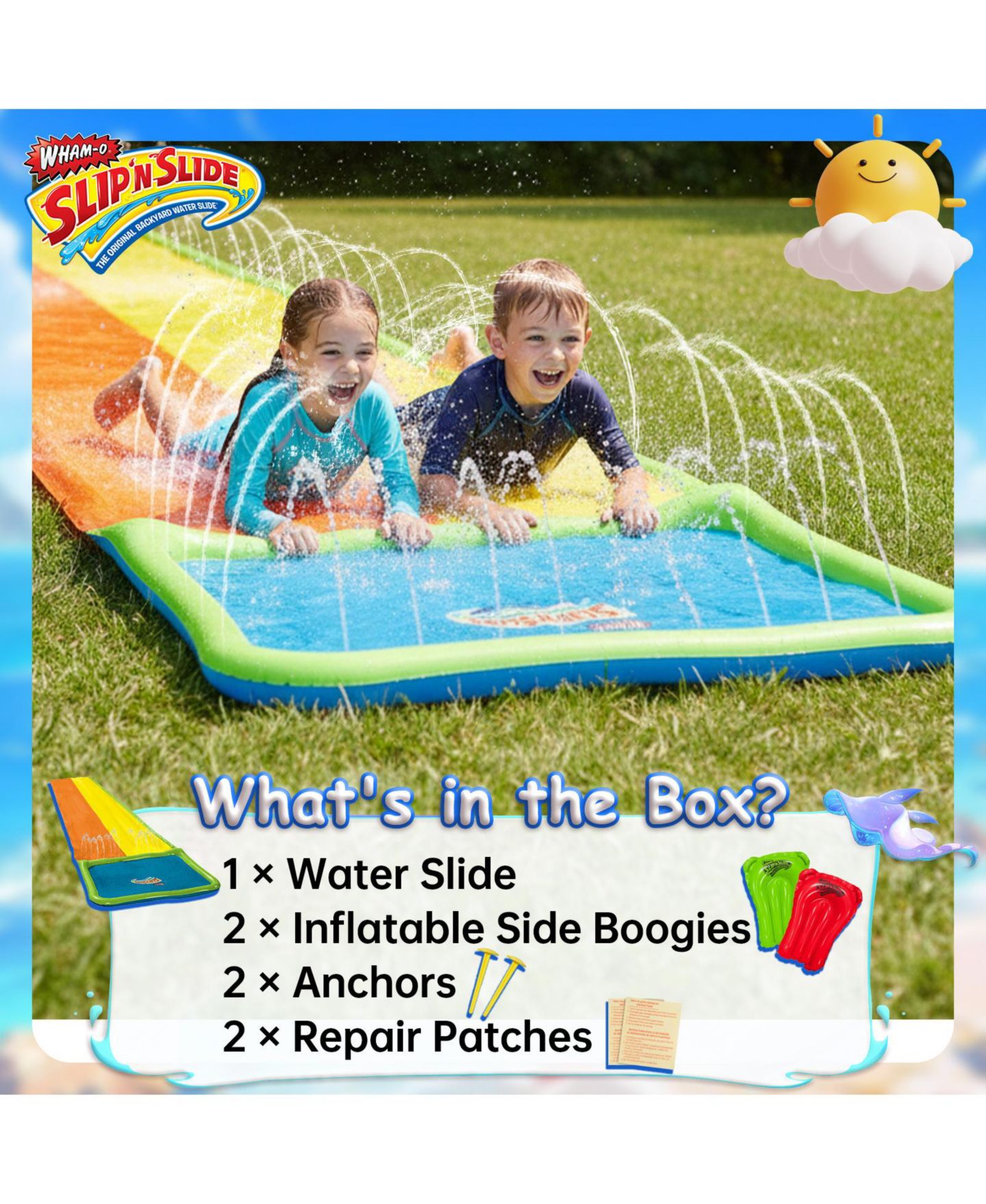 Детская игрушка Wham-o Slip N Slide Water Slide, 18ft Backyard Wave Rider Summer Outdoor Kid Toys, Double Lane, Includes 2 Boogie, цвет: Оранжевый / Жёлтый — фото 3