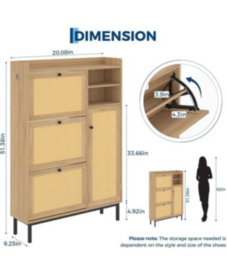 Rattan Shoe Cabinet with 3 Flip Drawers and Metal Legs, 20.08 x 9.25 x 51.38 in