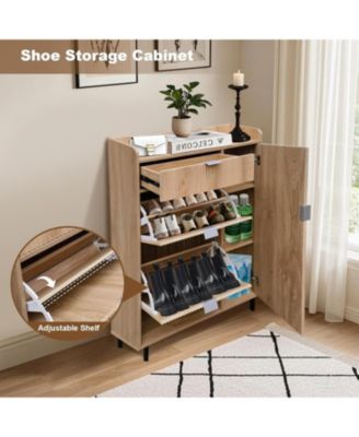 Oak Wavy Shoe Cabinet with 2 Flip Drawers and 2 Small Drawers, Metal Legs, 9.45 in Deep Slim Entryway Storage Organizer