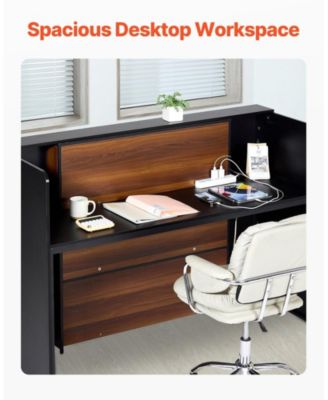 Reception Desk, 62 Inch Front Counter Table with LED Light for Office Use