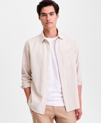 Men's Long-Sleeve Puckered Stripe One Pocket Shirt, Macy's Exclusive