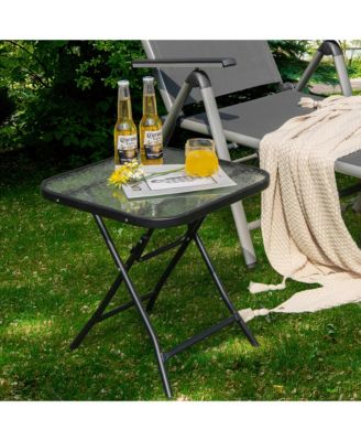 18'' Foldable Patio Side Table Square Coffee Bistro Table w/ Tempered Glass Table Top