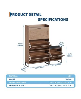 Farmhouse Shoe Cabinet with 4 Flip Drawers and Upholstered Bench, Walnut Entryway Storage