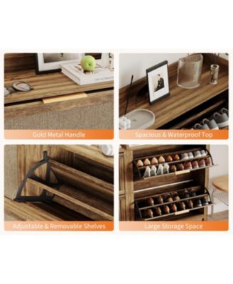 Farmhouse Rattan Shoe Cabinet with 2 Flip Drawers, Brown, 32 in Narrow Entryway Storage