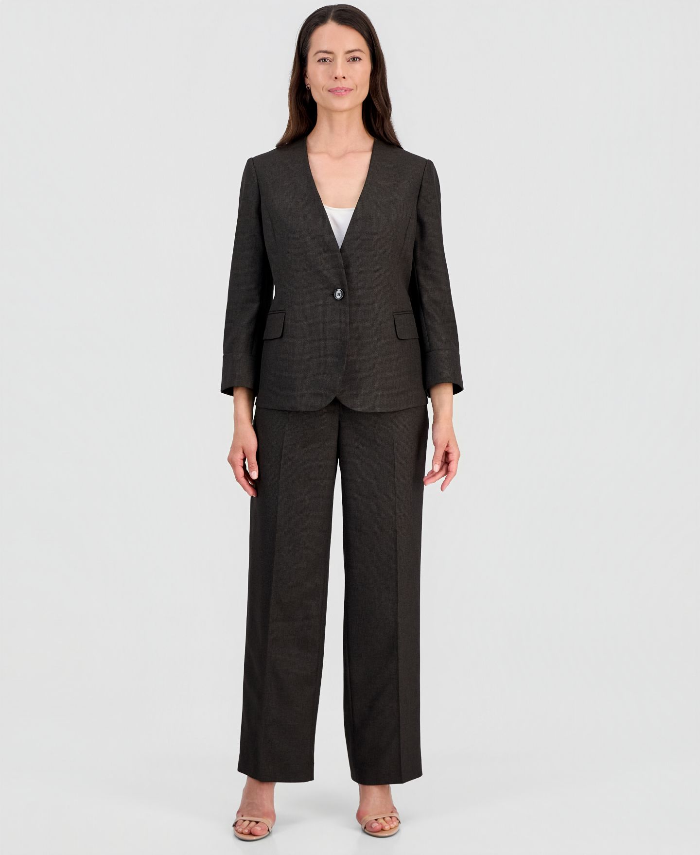 Женские брюки Le Suit Collarless One-Button Jacket & Fly-Front Wide-Leg Pants Suit, цвет: Тёмно-коричневый разноцветный — фото 1
