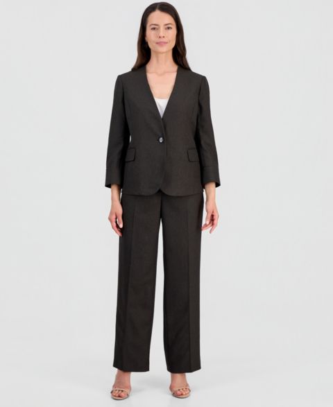 Женские брюки Le Suit Collarless One-Button Jacket & Fly-Front Wide-Leg Pants Suit, цвет: Тёмно-коричневый разноцветный